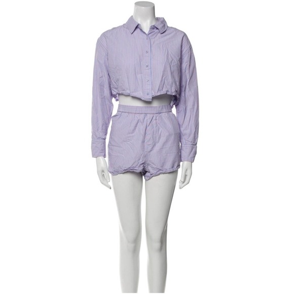 Reformation Striped Cropped Shirt & High Waist Shorts Set Lavender Coral XL